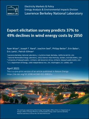 Expert elicitation survey predicts 37% to 49% declines in wind energy costs by 2050