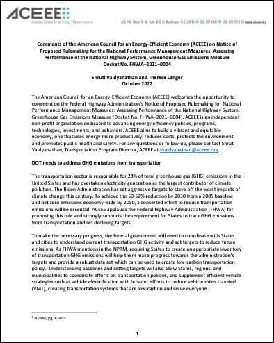 Comments on the Federal Highway Administration’s Proposed Greenhouse Gas Emissions Tracking and Reduction Targets for States