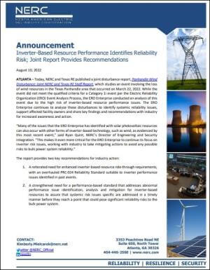 Inverter-Based Resource Performance Identifies Reliability Risk; Joint