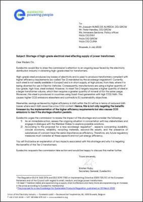 Letter to the European Commission on the shortage of high-grade electrical steel