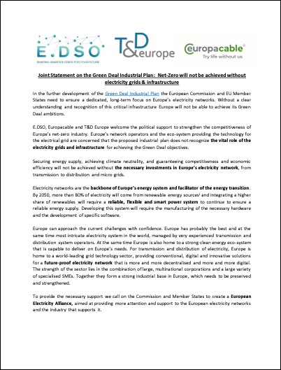 E.DSO/ Europacable/T&D Europe Joint Statement On The Green Deal Industrial Plan: Net-Zero Will Not Be Achieved Without Electricity Grids & Infrastructure