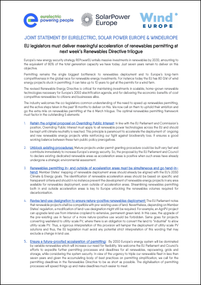 JOINT STATEMENT BY EURELECTRIC, SOLARPOWER EUROPE & WINDEUROPE EU legislators must deliver meaningful acceleration of renewables permitting at next week’s Renewables Directive trilogue