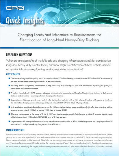 Quick Insights: Charging Loads and Infrastructure Requirements for Electrification of Long-Haul Heavy-Duty Trucking