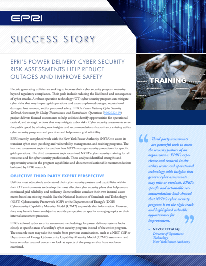 EPRI’s Power Delivery Cyber Security Risk Assessments Help Reduce Outages And Improve Safety