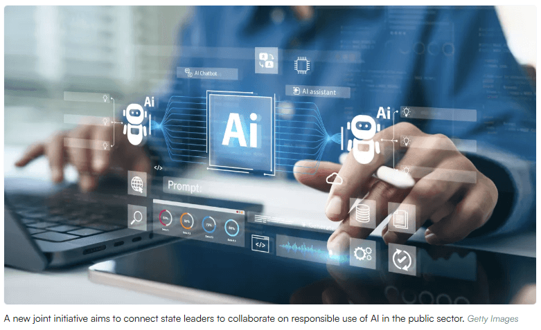 Persona con un teclado y al frente una imagen proyectada de IA.