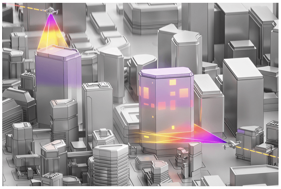 Edificio con malla de sensores digitales superpuesta y gráficos de consumo.