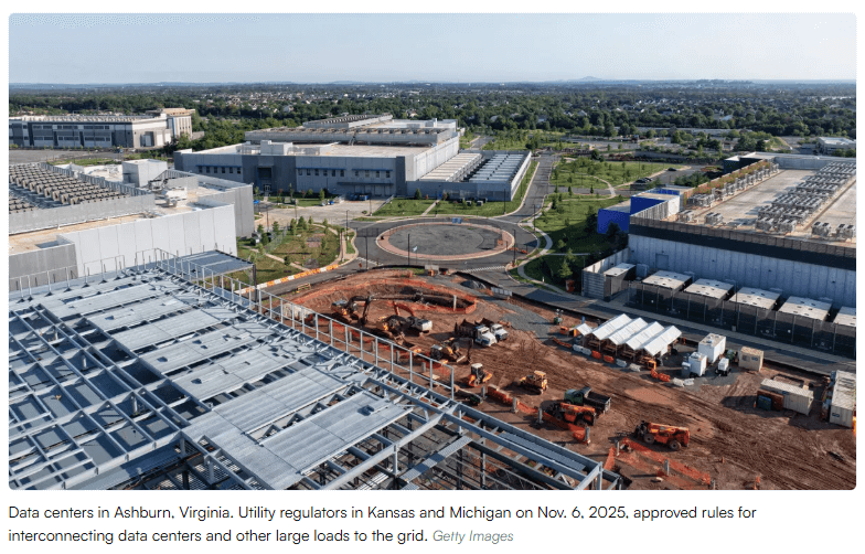 Subestación próxima a campus de data center con bancos de transformadores.