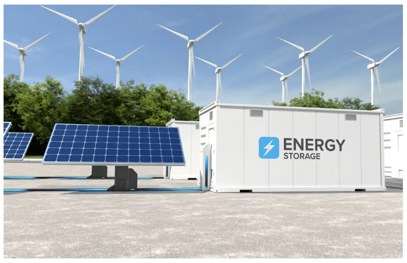 Plano de microrred con baterías, paneles solares y torres eólicas.