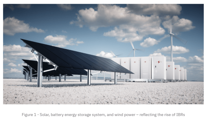 Composición con parque eólico, fotovoltaico y sistema de baterías que simboliza el auge de recursos electrónicos de potencia.