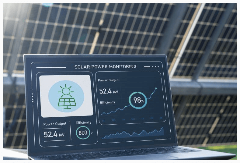 Plataforma de supervisión conectada a sensor de planta solar con información potencia y eficiencia.