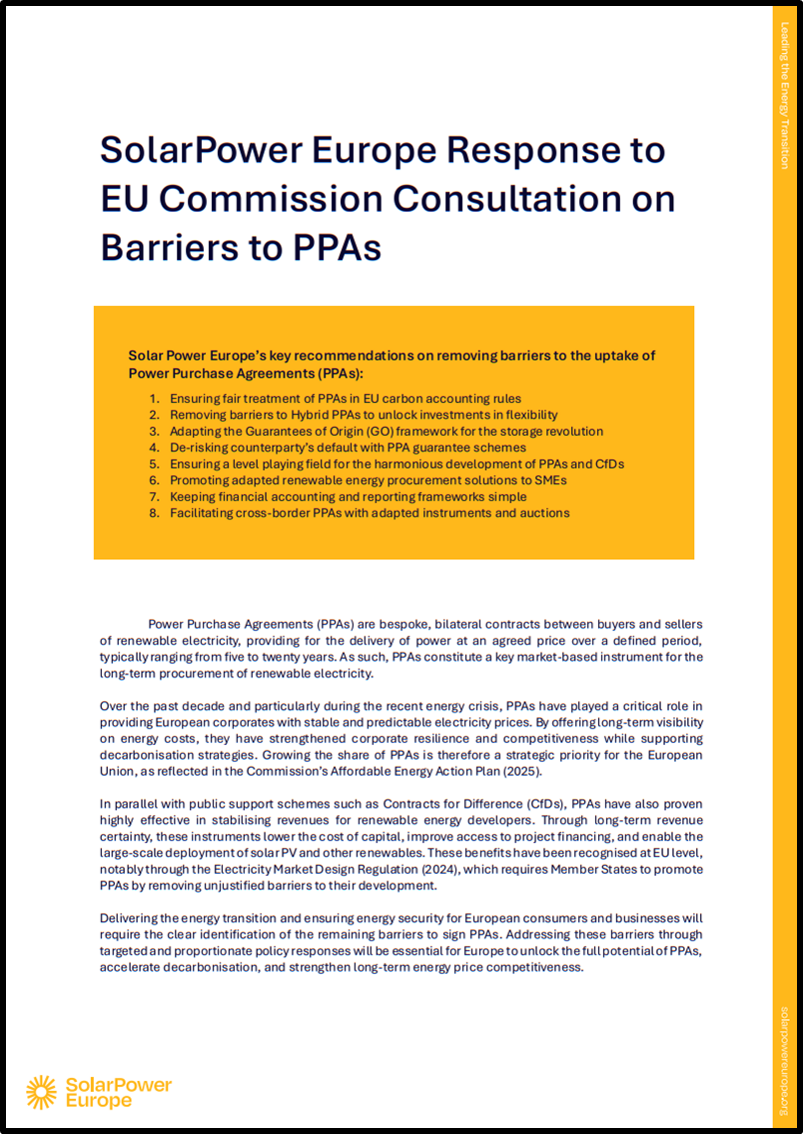 SolarPower Europe Response to EU Commission Consultation on Barriers to PPAs