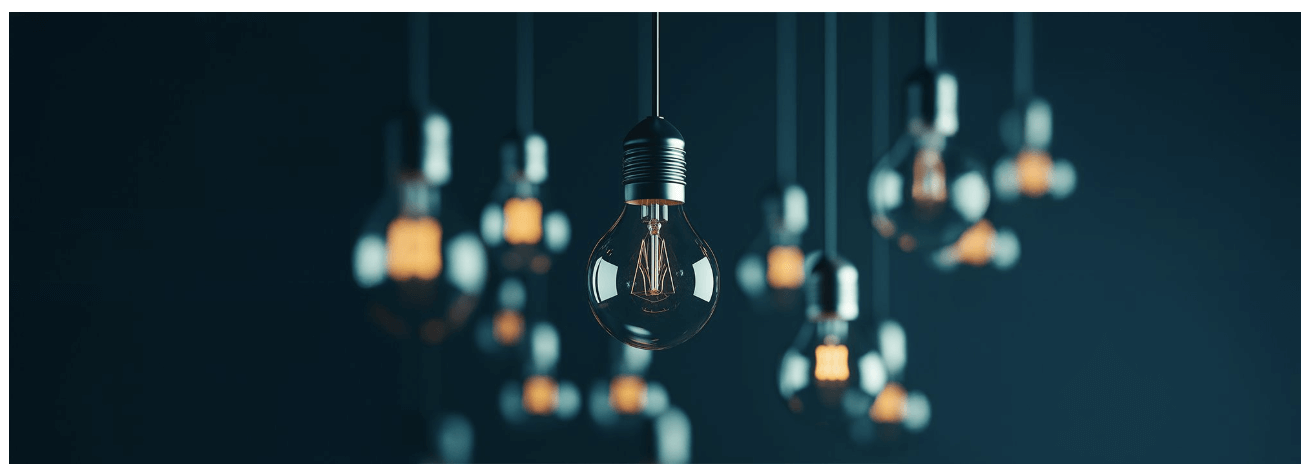 Varios bombillos, uno se ve legible y el resto se ven difusos.