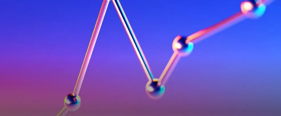 La imagen muestra un gráfico de líneas, posiblemente ilustrando tendencias financieras o de datos. El fondo tiene un degradado de color azul a morado.