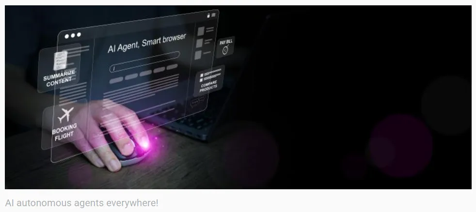 La imagen representa un navegador inteligente impulsado por inteligencia artificial (IA) que actúa como un agente para automatizar diversas tareas en línea.