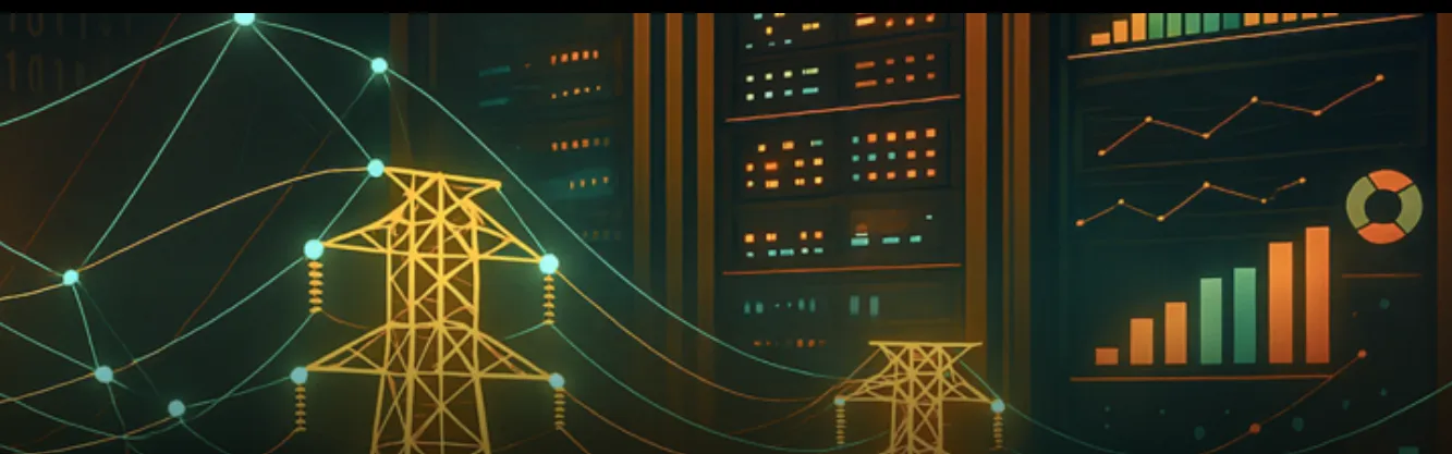 Muestra torres de transmisión de energía interconectadas con servidores y centros de datos.