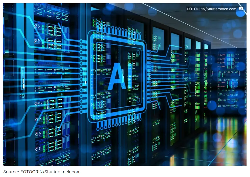 Se muestra una sala de servidores o centro de datos equipado con servidores de alto rendimiento. El gráfico central superpuesto simboliza el procesamiento avanzado de datos y chips de IA.