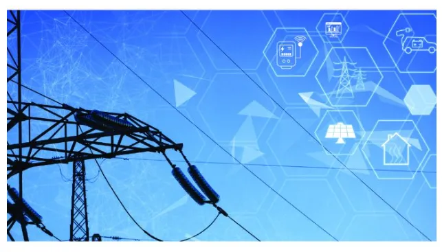 La imagen muestra cómo la infraestructura física tradicional, como las torres de alta tensión, se integra con tecnologías digitales para mejorar la eficiencia y flexibilidad en la distribución de energía.