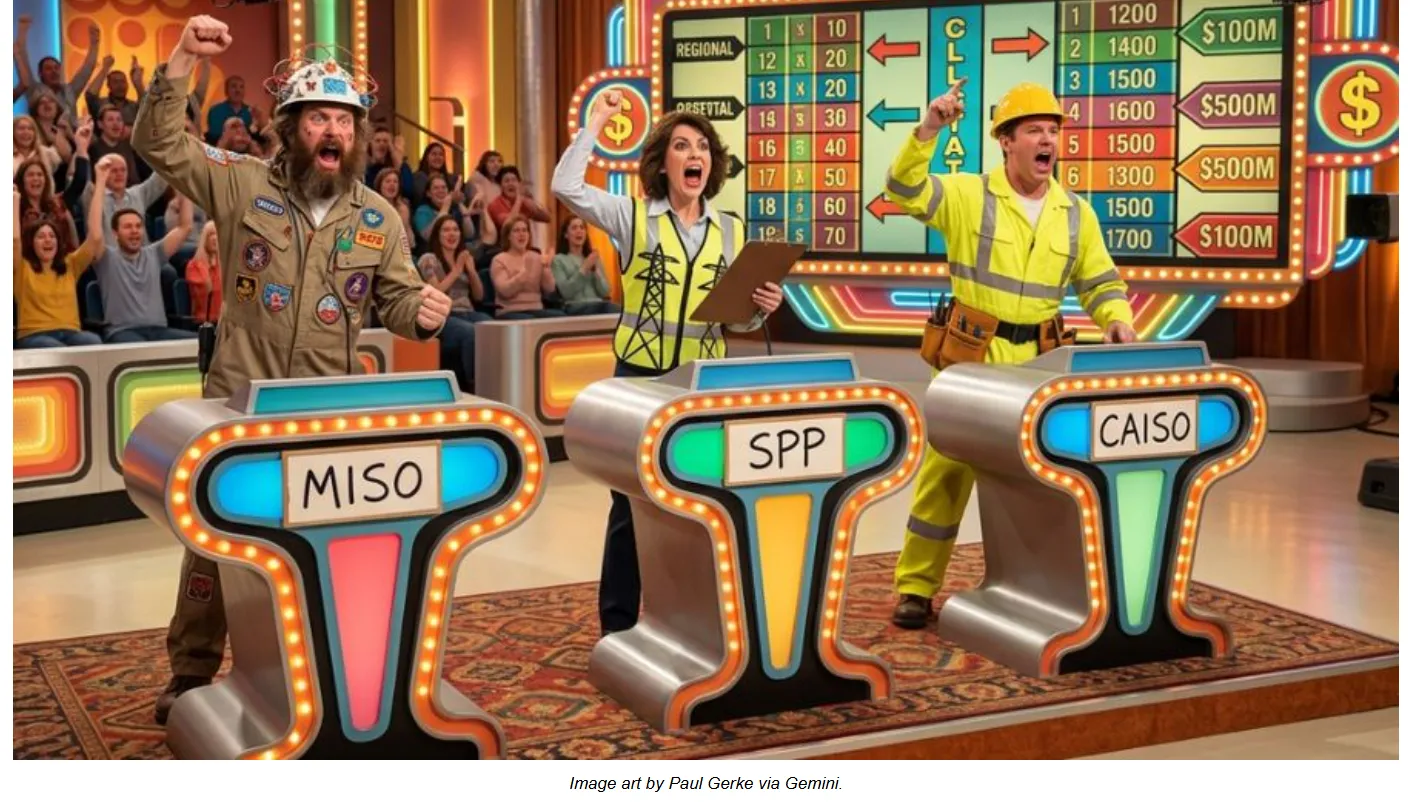 Esta imagen muestra una escena del famoso programa de concursos The Price Is Right. La imagen IA muestra a 3 personas, representantes de SIO, en un concurso de proyectos de transmisión y reducción de costos.