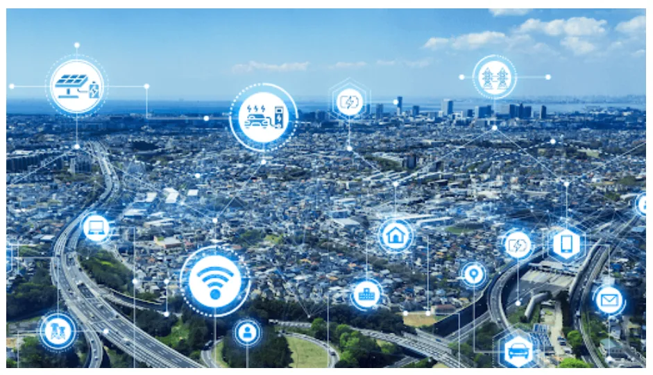Se muestra un concepto visual de una Smart City o ciudad inteligente. Representa cómo la tecnología, la conectividad y la infraestructura urbana se entrelazan para optimizar la vida en la comunidad.