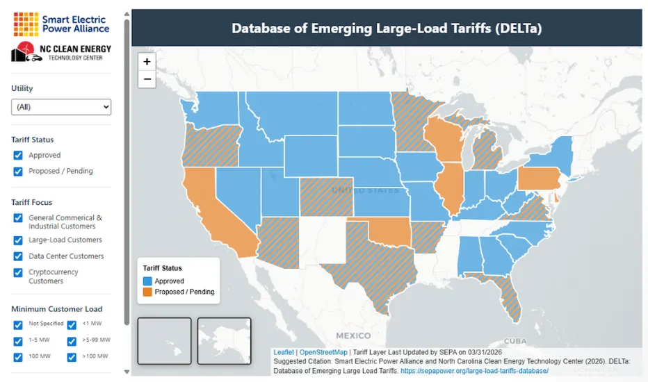 Se muestra el mapa de la "Base de Datos de Tarifas Emergentes para Grandes Cargas" (DELTa) de la Smart Electric Power Alliance y el NC Clean Energy Technology Center.