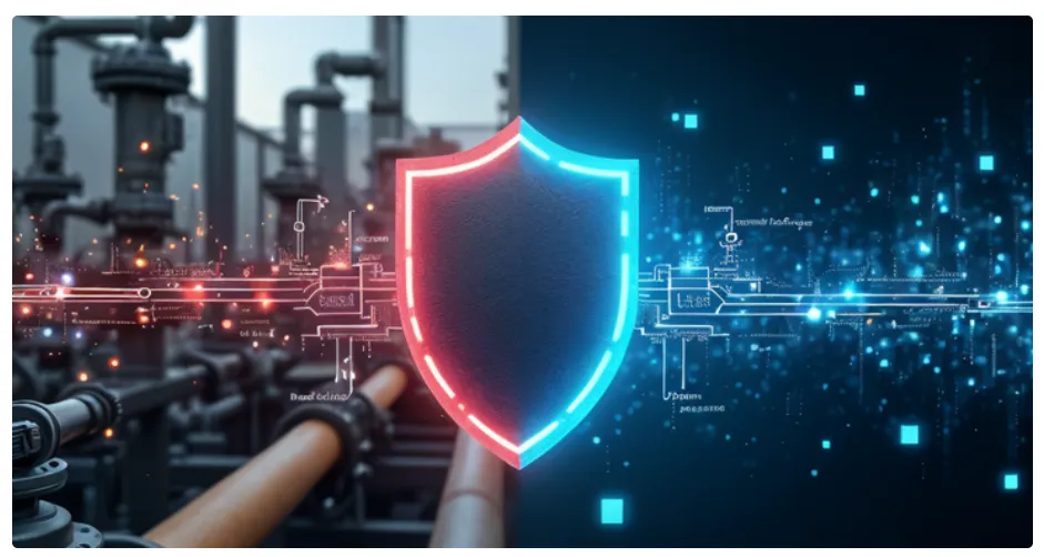 La imagen representa el concepto de ciberseguridad industrial protegiendo infraestructura crítica. Muestra un escudo digital situado entre un entorno físico industrial (izquierda) y un entorno de datos digitales (derecha).