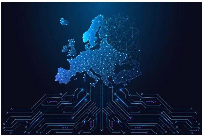 La imagen ilustra el concepto de una Europa digital, representada por un mapa del continente construido con una red de puntos y líneas luminosas sobre una placa de circuito.