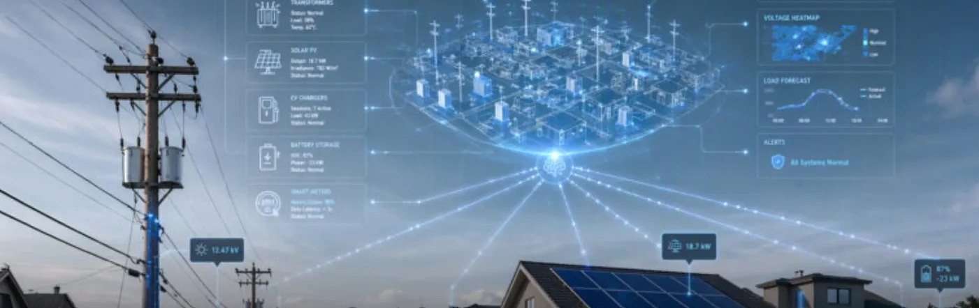 La imagen ilustra una red eléctrica inteligente interconectada con una zona residencial que cuenta con paneles solares, almacenamiento de baterías y vehículos eléctricos, acompañada de gráficos de análisis de datos digitales.