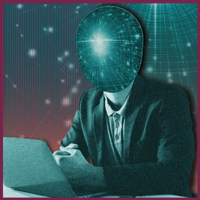 Esta imagen muestra una ilustración conceptual de un profesional con una cabeza digitalizada y brillante sentado frente a una computadora portátil.
