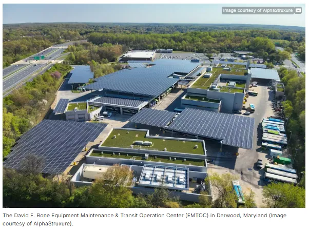 Esta imagen muestra la microrred del depósito de tránsito más grande de la nación en el condado de Montgomery, Maryland, completada por AlphaStruxure.