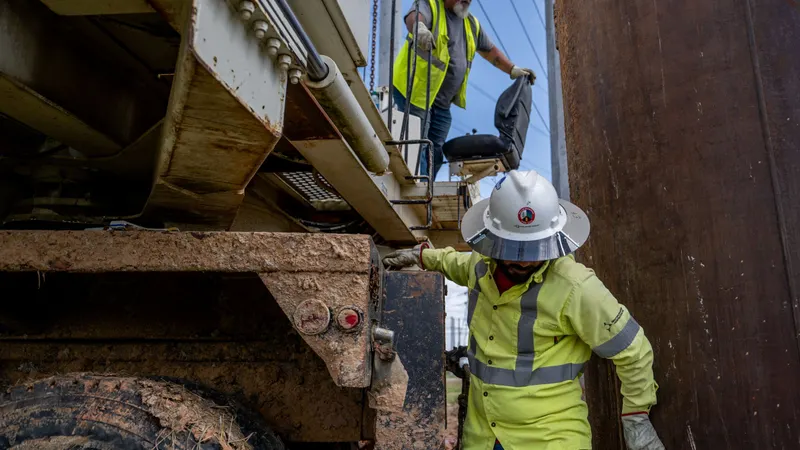 Técnicos instalando infraestructura de transmisión en una planta eléctrica.