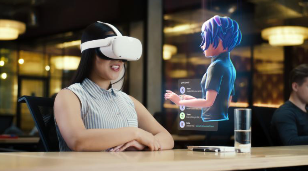 Avatar inteligente interactuando en entorno virtual inmersivo.