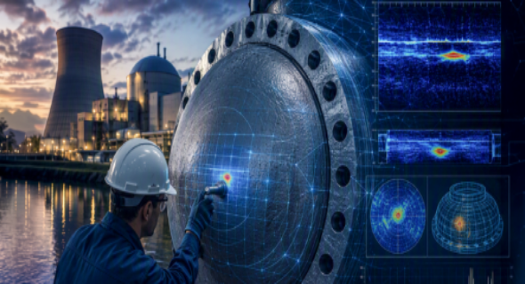 Técnico especializado realizando inspecciones avanzadas en componentes nucleares.